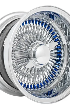 14x6" LA Wire Wheels Reverse 100-Spoke Straight Lace Custom Chrome with Blue Nipples Rims New Arrival